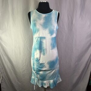 Zaprada Dress Womens Medium Blue White Tie Dye Sleeveless Round Neck Ruffled Hem